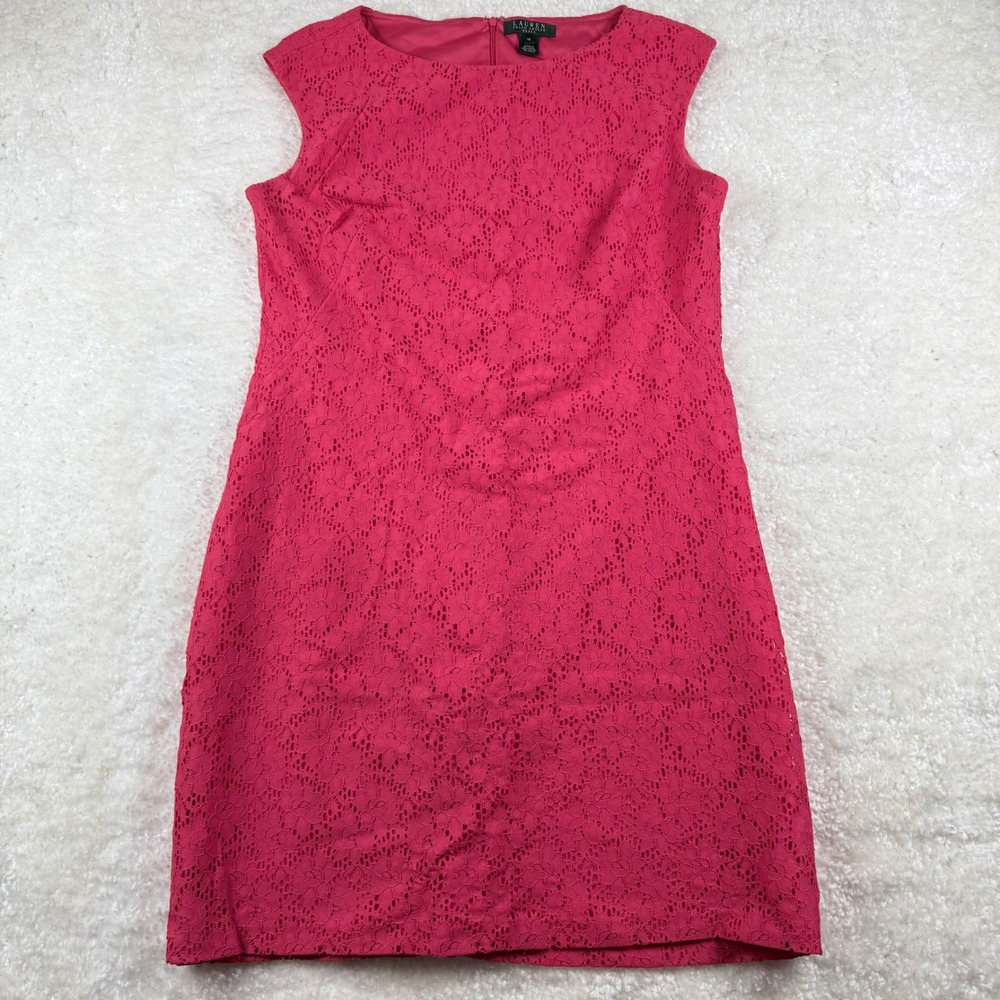 Lauren Ralph Lauren Pink Floral Lace Sleeveless‎ Shift Dress Womens 16 Cocktail